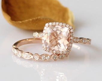 bridal ring set 7mm cushion cut morganite ring rose gold morganite engagement ring rose gold ring - Morganite Wedding Ring bridal ring set 7mm cushion cut morganite ring rose gold morganite engagement ring rose gold ring - Morganite Wedding Ring