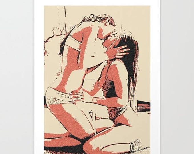 Erotic Art Giclée Print - Girls love to play Naughty 2, lesbian girls nude, naked body illustration, sensual erotic artwork, high res 300dpi