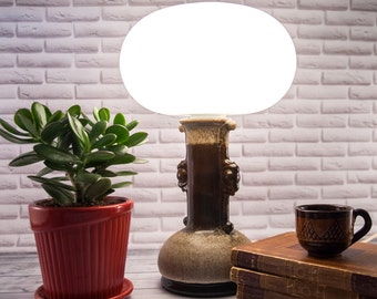 Ceramic lamp, milk glass lampshade, ceramic lamp base, ceramic lighting, ceramic light, pottery lamp, West Germany pottery, brown lamp base