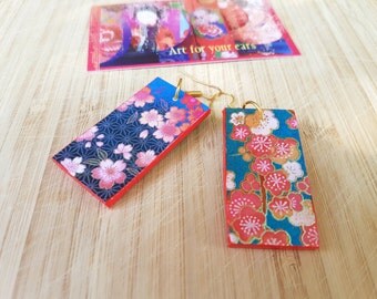 Japanese blue blooms - choyigami, rectangular light earrings