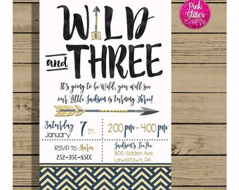 Wild Birthday Invite, Wild Invite, Wild Invitation, Young Wild and Three, Wild and Three, Third Birthday Invite, Third Birthday