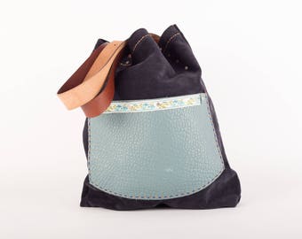 Large dark blue Italian soft leather hand sewn tote