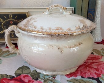 Antique White Ironstone Chamber Pot With Gold Speckled Finish
