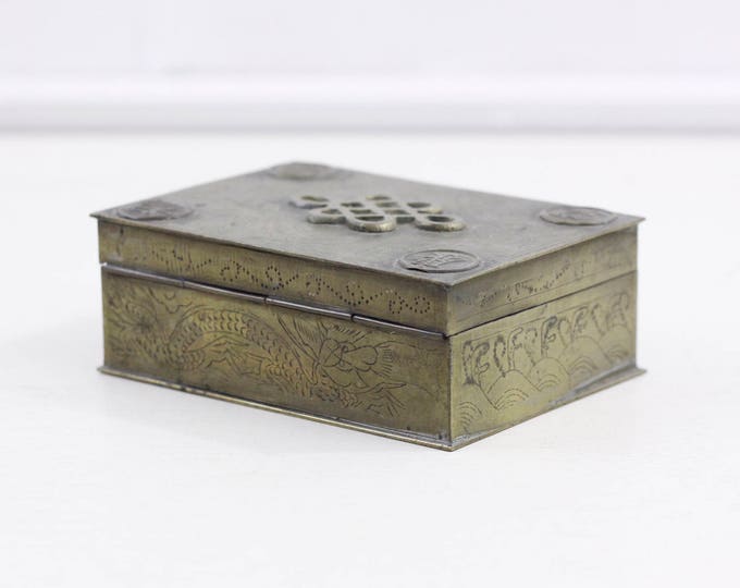 Antique Chinese box, brass jewelry box, trinket box, office card case, cigarette box, vintage brass storage box