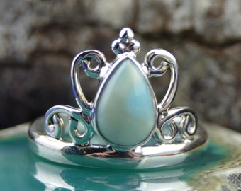Teardrop Larimar stone in a sterling silver tiara style band size 6.75