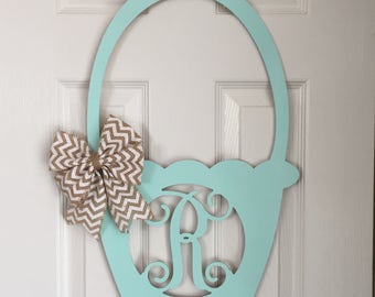 Monogram Easter Basket Door Hanger - Spring Door Hanger - Easter Basket Initial Wreath - Monogram Easter Basket Wreath - Holiday Door Hanger
