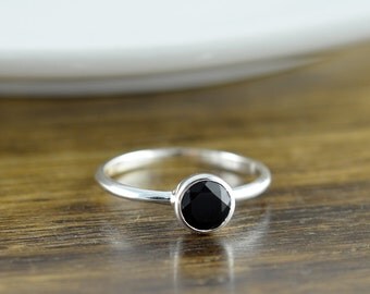 Sterling Silver Round Black Onyx Ring, Black Onyx Ring - Boho Ring - Boho Jewelry - Gemstone Ring - Solitaire Ring - Stacking Rings