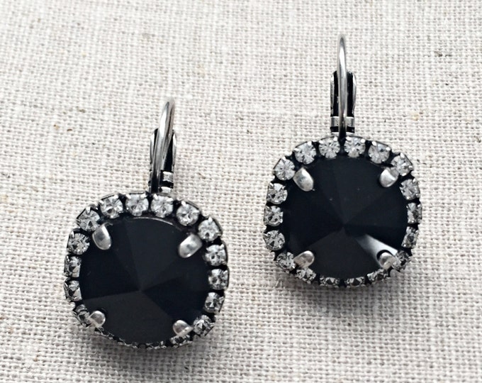 Effortlessly chic sparkly black Swarovski crystal dangle drop earrings embellished with elegant halos of sparkling pave stones