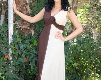 60's brown and cream chiffon evening dress