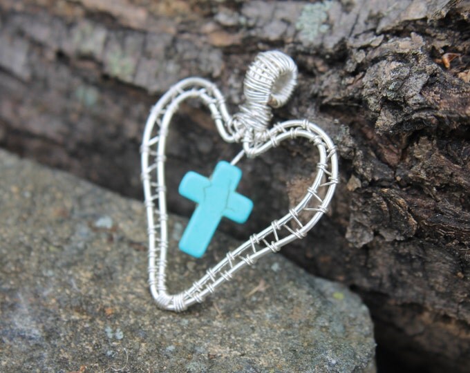 Turquoise Cross with Heart Shape Silver Wire Wrap Pendant, Religious Jewelry, God's Love, Christian Gift, OOAK Necklace, Valentines Day Gift