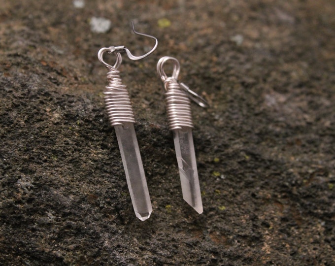 Quartz Crystal Tip Earrings, Silver Wire Wrap Jewelry, Stainless Steel French Hook, Skinny Dangle Earrings, BoHo Hippie Jewelry Gift for Her