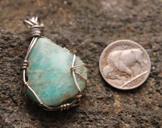 Amazonite Rough and Polished Pendant Sterling Silver and Gold Filled Wire Wrap Necklace, Turquoise Blue Green Color Stone, Raw Mineral