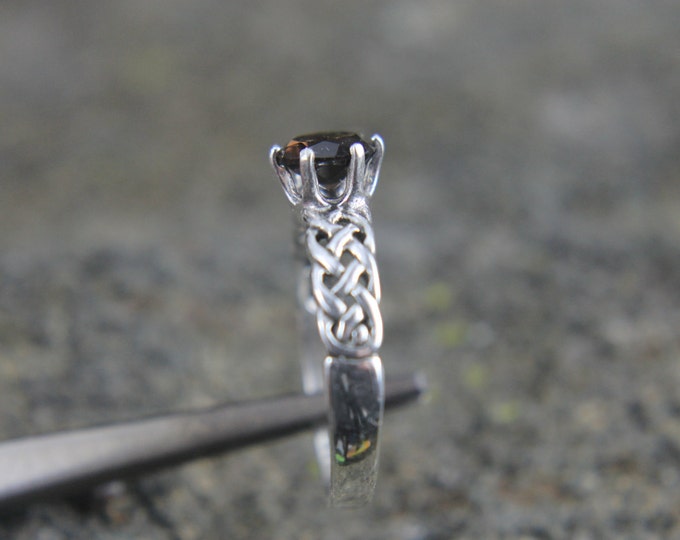 Smokey Quartz Gemstone Ring, Twisted Viking Sterling Silver 6 Prong Woven Ring, Size 9.25 7mm Stone, Birthday Gift for Him or Her