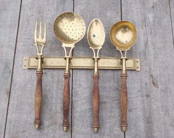 Vintage French Kitchen Brass Utensils/Hanging Rack