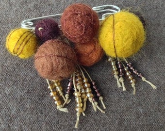 brooch brown red yellow mustard Silver gift hand made embroidered wool felt