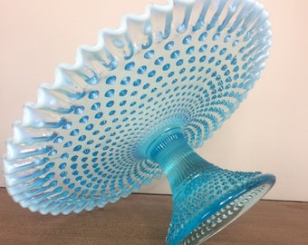 Vintage Fenton Blue Opalescent Hobnail Pedestal Cake Stand - Wedding, Baby Shower