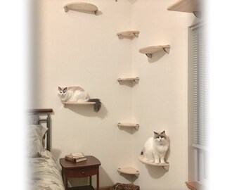 8pc Floating Corner Cat Tree - Lunar Collection 4 Cat Shelves + 4 Cat Steps - Cat Wall Furniture, Cat Perch, Cat Wall Shelves, Cat Shelf