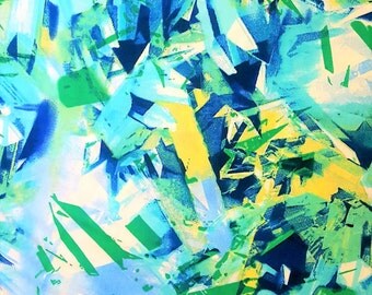 Soft Blue, Yellow, Green Geometric Polyester Spandex Fabric by the Yard