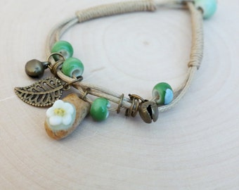Ceramic Stone Flower Bead Bracelet Waxed Linen Cord For Women/ Girls Jewelry
