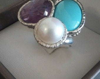 Turquoise Silver ring Amethyst gem stone triptych