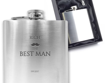 Personalised engraved BEST MAN hip flask wedding thank you gift idea, stainless steel presentation box - MU2