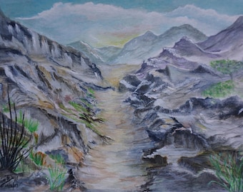 Desert Mountains, Water Color, Original, One of a kind, blue, purple, scene, peaceful, up the trail, wilderness, rocks, clifs, wild flowers