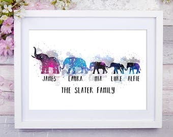 Personalised family print, Elephant print, Wall art print, Housewarming gift, Family print, Wedding gift, Anniversary gift, Fathers Day gift