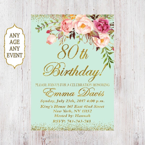 80th Birthday Invitation Women Birthday Invitation Floral