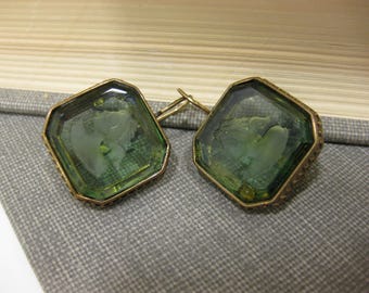 Pair of Vintage Green Etched Glass French Hook Earrings