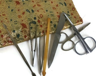 Vintage Manicure Set in Vintage Make Up Bag, Vintage Revlon Nail Tools Hoffritz Manicure Scissors, La Cross Nail Pusher, Plastic Nail Pusher