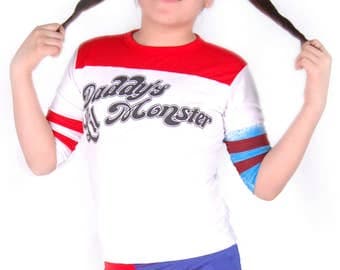 Daddy's Lil Monster Harley Quinn 3/4 Sleeves T shirt Harley Quinn Inspirided Suicide Squad Movie One Blue sleeve