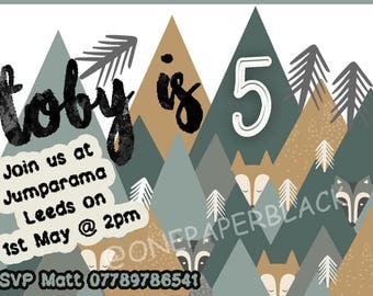 Children's birthday party invitation, E invite, ready to print, ready to email, customised age, boys, girls, fox, wolf wildlife theme