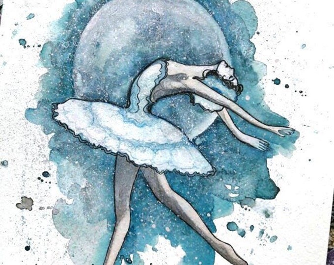 Blue Ballerina ORIGINAL painting by Tatiana Boiko, wall art, wall hanging, watercolor art, wall decor, dream art, gift, ballerina art, moon