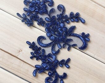 2 PCS Midnight Blue Navy Beaded Lace Applique PAIR for Lyrical Dance, Ballroom Dance, Costumes, Bridal lace applique