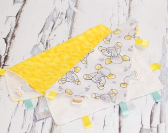 Baby Elephant Minky Tag Blanket - Sensory Blanket - Lovey