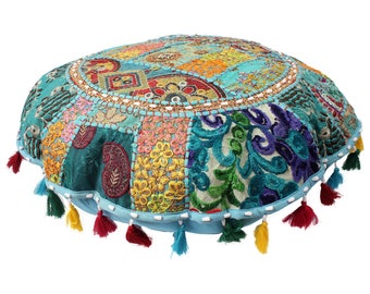 Maniona Turquoise Pom Pom Patchwork Gypsy Roundies Handmade Round Floor Cushion Cover pouf,pouffe,Moroccan pouf,ottoman,floor Indian cushion