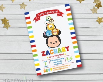DIGITAL Tsum Tsum Invitation & Gift Tags, Tsum Tsum Party Invitation, Tsum Tsum Boy Party, Mickey Tigger Stitch Pluto Donald Mike Tsum Tsum