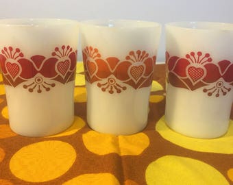 Set of 3 Unusual Vintage Pyrex Mugs with Sweet Leaf Shapes,Hearts and Dots Pattern in Red and Brown or Orange and Brown on Milky White