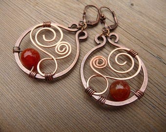 wire wrapped earrings, mixed metal earrings, natural stone earrings, wire wrapped jewelry handmade, earthy, fire agate, hand crafted jewelry