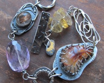 Chunky Silver Charm Bracelet Purple Gemstone Bracelet Boho Silver Jewelry Charm Bracelet Rustic Silver Jewelry Gold Burnt Orange Bracelet SM