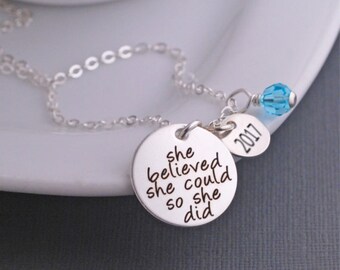 She Believed She Could So She Did Jewelry Inspirational Necklace, Graduation Gift for Girl,