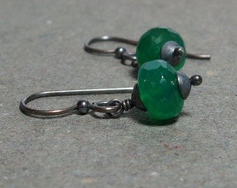 Green Onyx Earrings Petite Minimalist Oxidized Sterling Silver Earrings Gift for Her