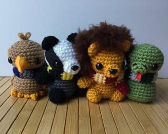 Hogwarts House Animals Amigurumi - Gryffindor Lion, Syltherin Snake, Ravenclaw Eagle, and Hufflepuff Badger Dolls