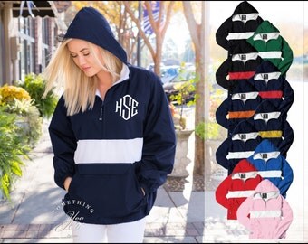 Fleece Lined Monogrammed Classic Striped Pullover Windbreaker Jacket 9908 - Personalized Hooded quarter zip rain jacket women Charles River
