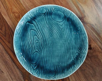 SALE - Peacock Blue Ceramic Platter - Faux Bois Wood grain Ceramic Platter Pottery Platter Wedding Gift Housewarming Gift