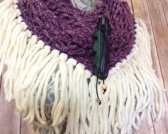 Wisteria Raven cowl... knit crocheted fringed yarn soft scarf leather tie bohemian boho