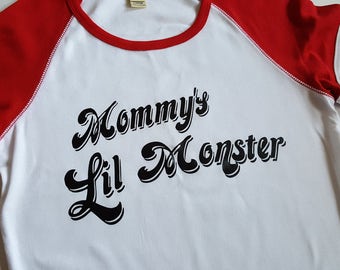 SALE Harley Quinn Shirt, Suicide Squad Mommy's Little Monster, Daddy's Lil Monster GIRLS Red Sleeve Shirt Cosplay Costume