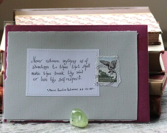Never esteem anything as of advantage to thee that shall..Grey card with handwritten quote and Swedish osprey postal stamp