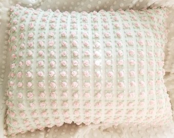 Pink rosebud vintage chenille throw pillow