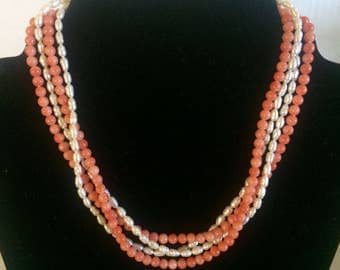 Vintage 4 Strand Pearl & Coral Necklace, Freshwater Pearls and Coral Beads, Sterling Silver Engraved Clasp